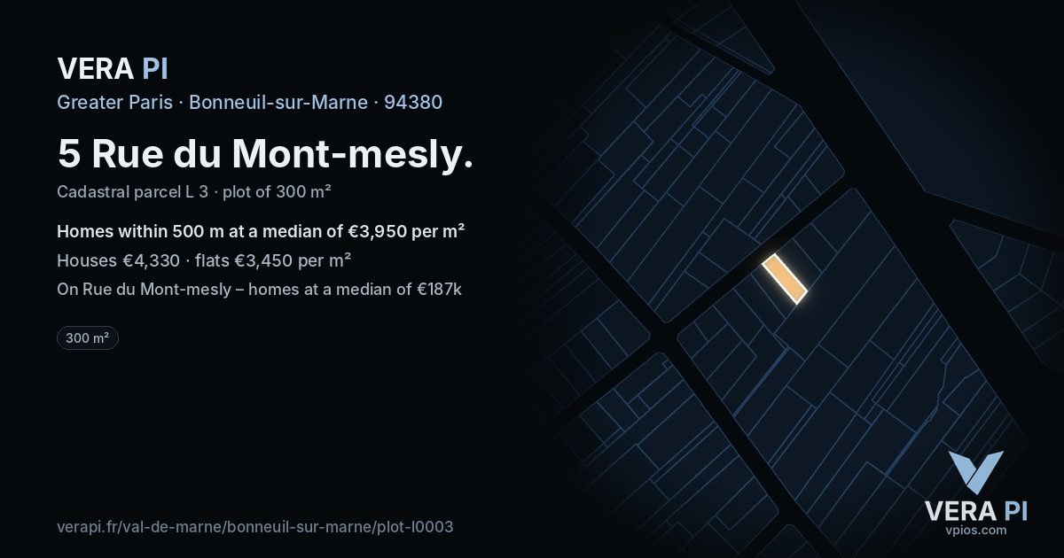 5 Rue du Mont-mesly, Bonneuil-sur-Marne at night – the plot lit, the parcels around coloured by the prices near them