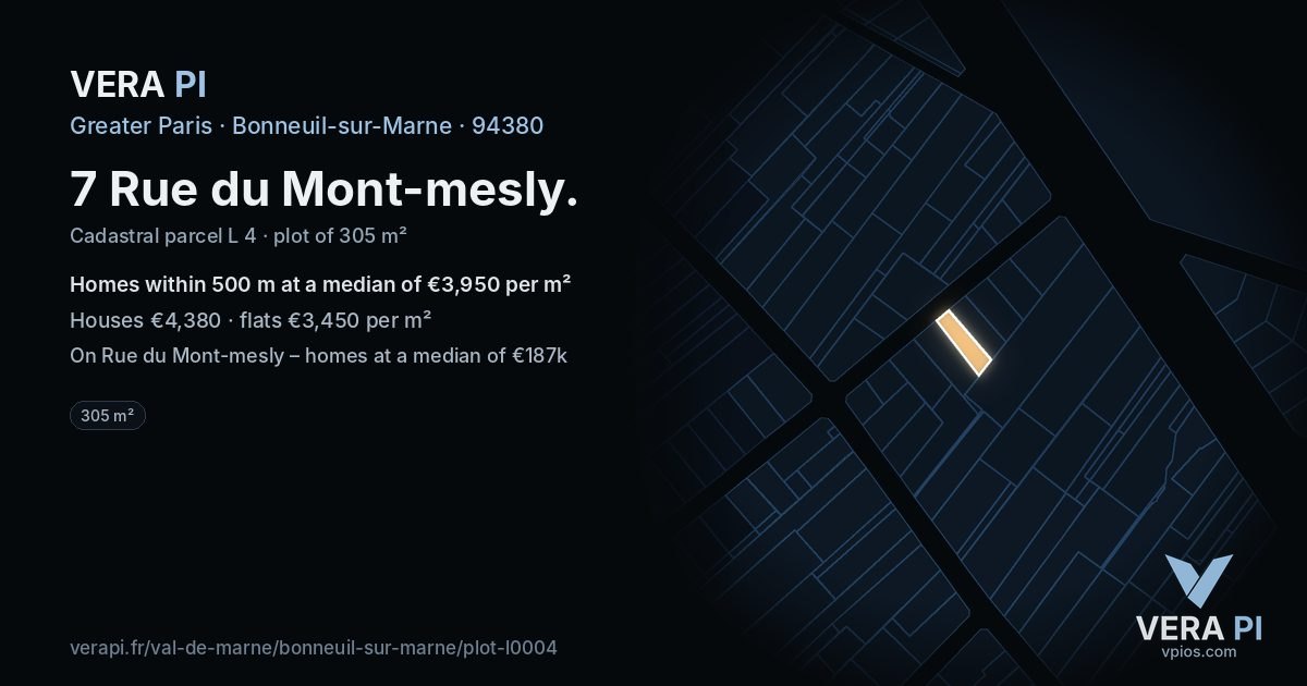 7 Rue du Mont-mesly, Bonneuil-sur-Marne at night – the plot lit, the parcels around coloured by the prices near them