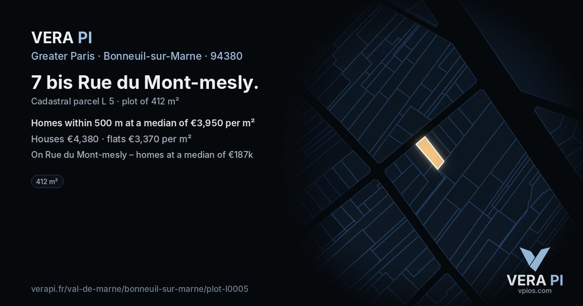 7 bis Rue du Mont-mesly, Bonneuil-sur-Marne at night – the plot lit, the parcels around coloured by the prices near them