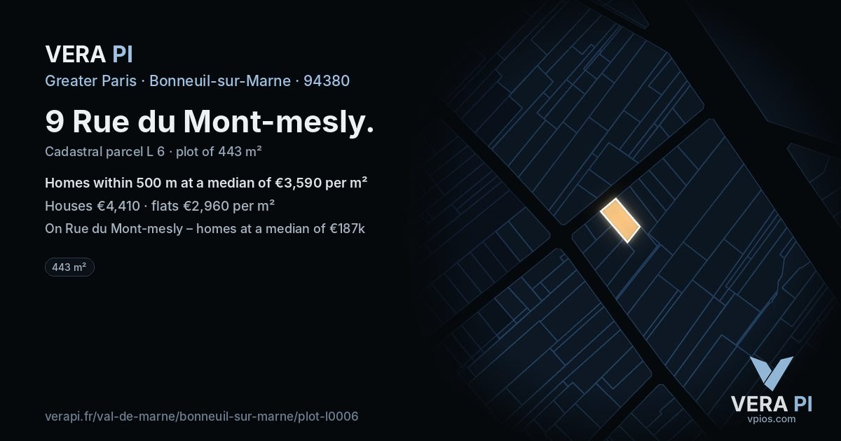 9 Rue du Mont-mesly, Bonneuil-sur-Marne at night – the plot lit, the parcels around coloured by the prices near them