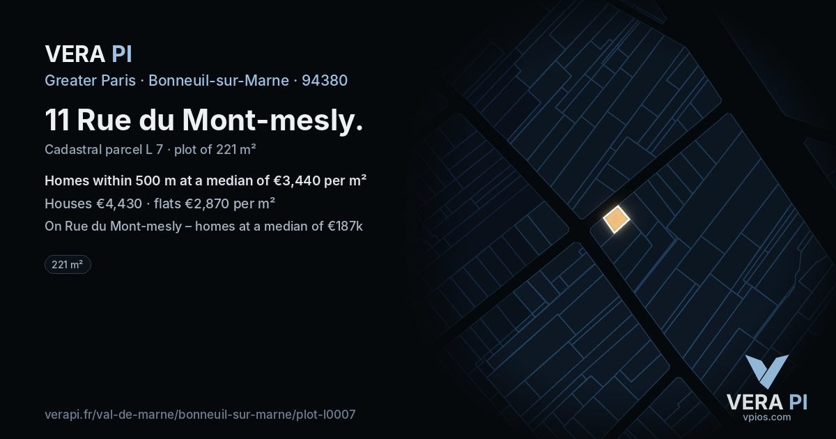 11 Rue du Mont-mesly, Bonneuil-sur-Marne at night – the plot lit, the parcels around coloured by the prices near them