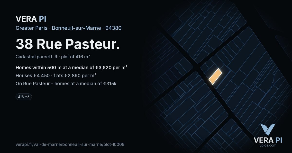 38 Rue Pasteur, Bonneuil-sur-Marne at night – the plot lit, the parcels around coloured by the prices near them