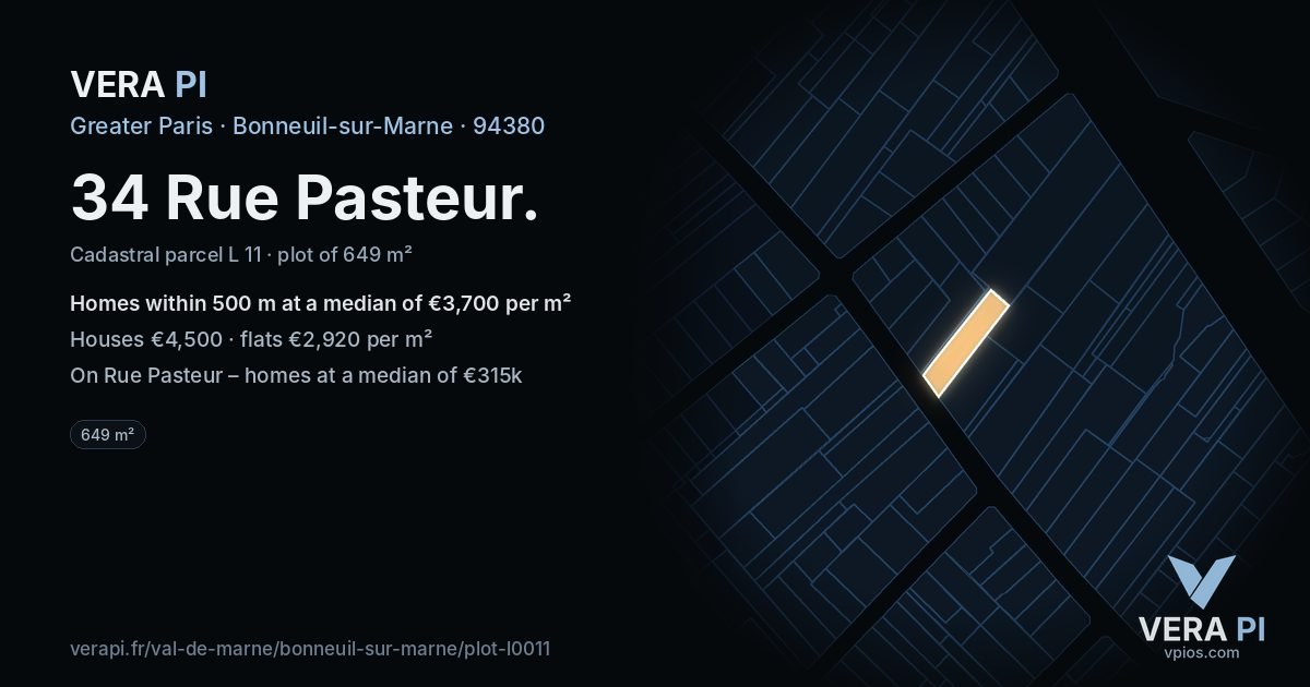 34 Rue Pasteur, Bonneuil-sur-Marne at night – the plot lit, the parcels around coloured by the prices near them