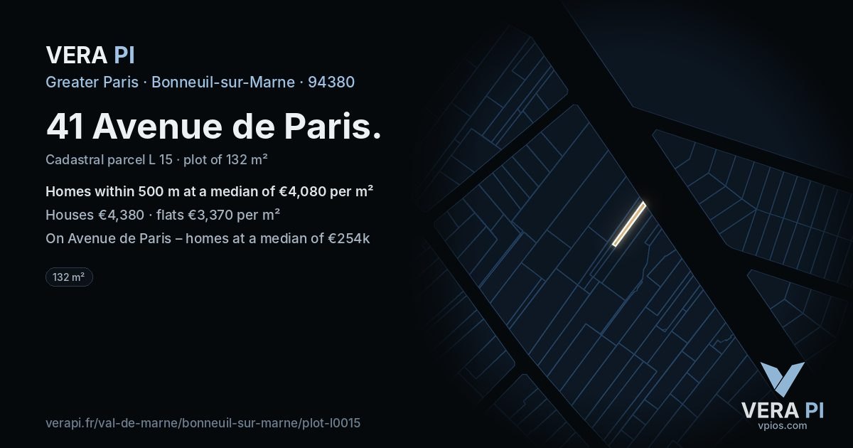 41 Avenue de Paris, Bonneuil-sur-Marne at night – the plot lit, the parcels around coloured by the prices near them