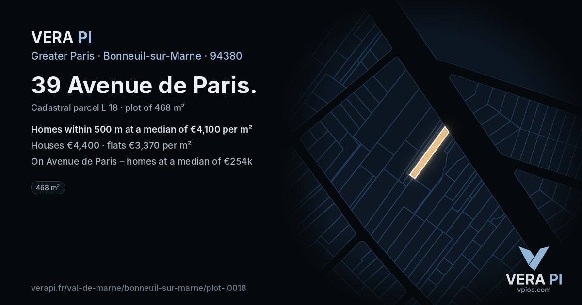 39 Avenue de Paris, Bonneuil-sur-Marne at night – the plot lit, the parcels around coloured by the prices near them
