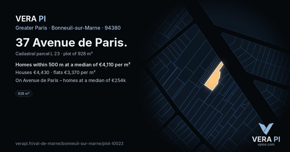 37 Avenue de Paris, Bonneuil-sur-Marne at night – the plot lit, the parcels around coloured by the prices near them