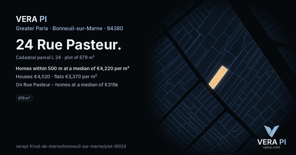 24 Rue Pasteur, Bonneuil-sur-Marne at night – the plot lit, the parcels around coloured by the prices near them