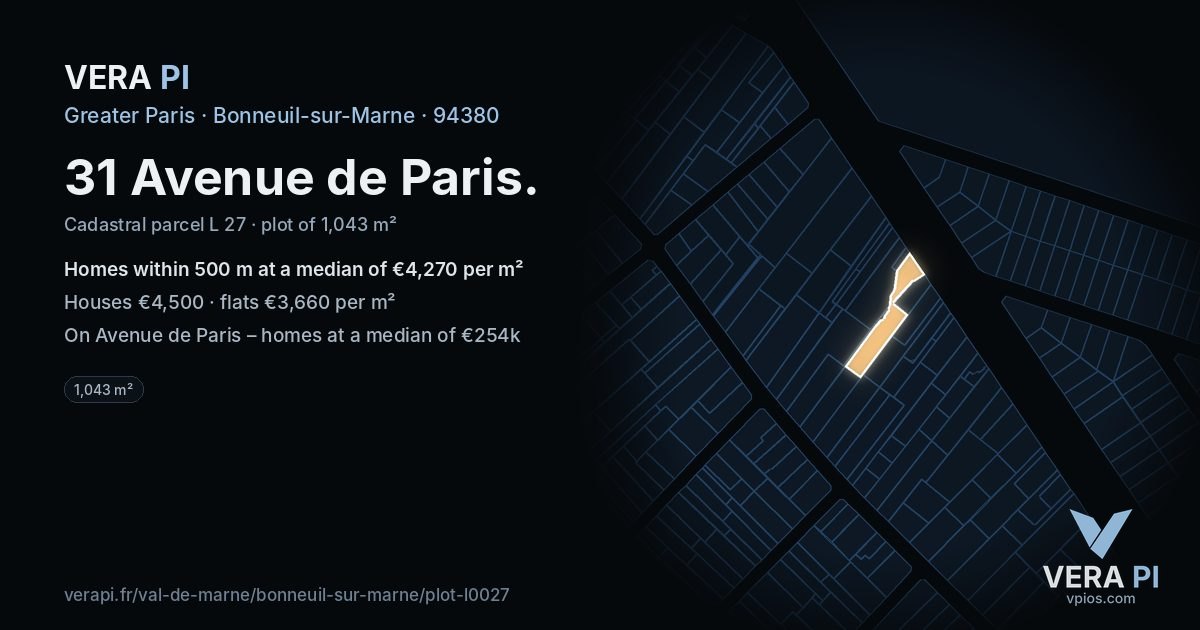 31 Avenue de Paris, Bonneuil-sur-Marne at night – the plot lit, the parcels around coloured by the prices near them