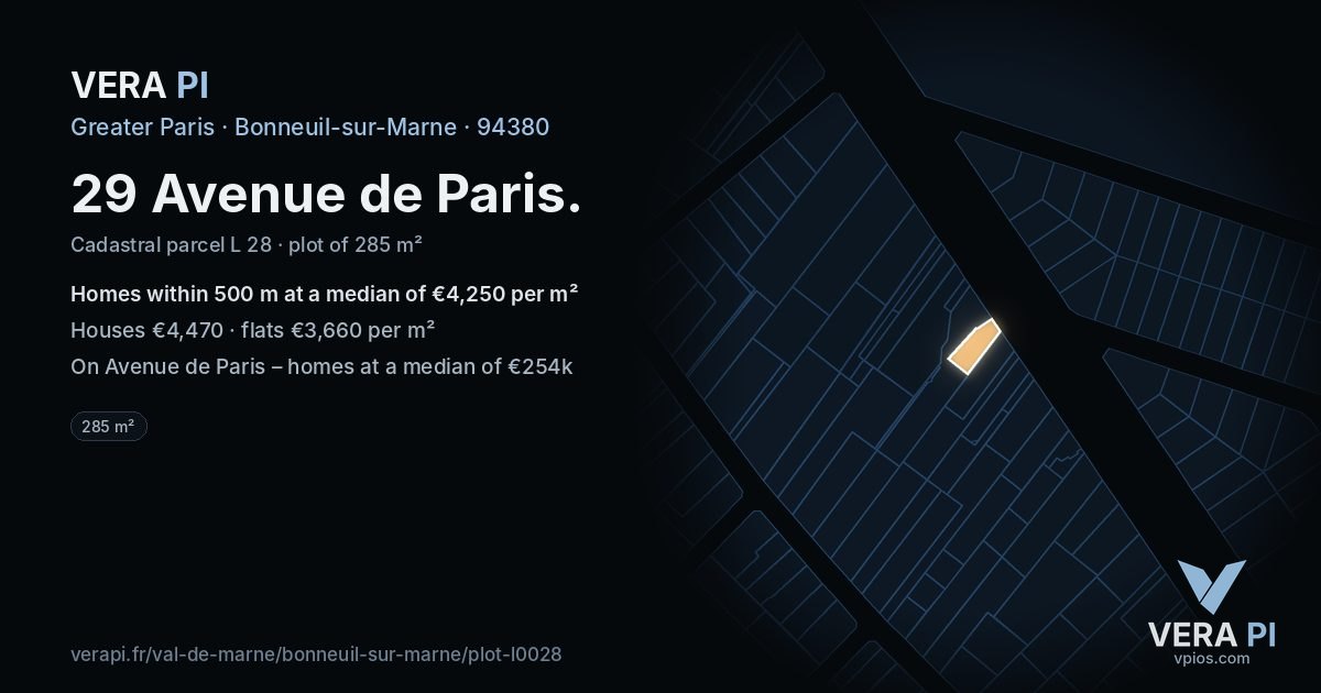 29 Avenue de Paris, Bonneuil-sur-Marne at night – the plot lit, the parcels around coloured by the prices near them