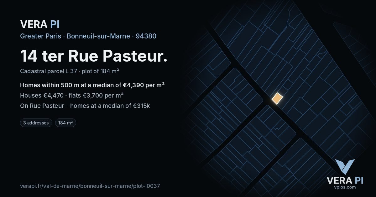 14 ter Rue Pasteur, Bonneuil-sur-Marne at night – the plot lit, the parcels around coloured by the prices near them