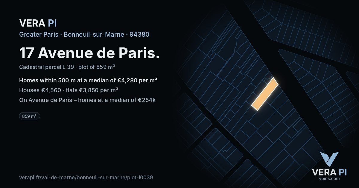 17 Avenue de Paris, Bonneuil-sur-Marne at night – the plot lit, the parcels around coloured by the prices near them