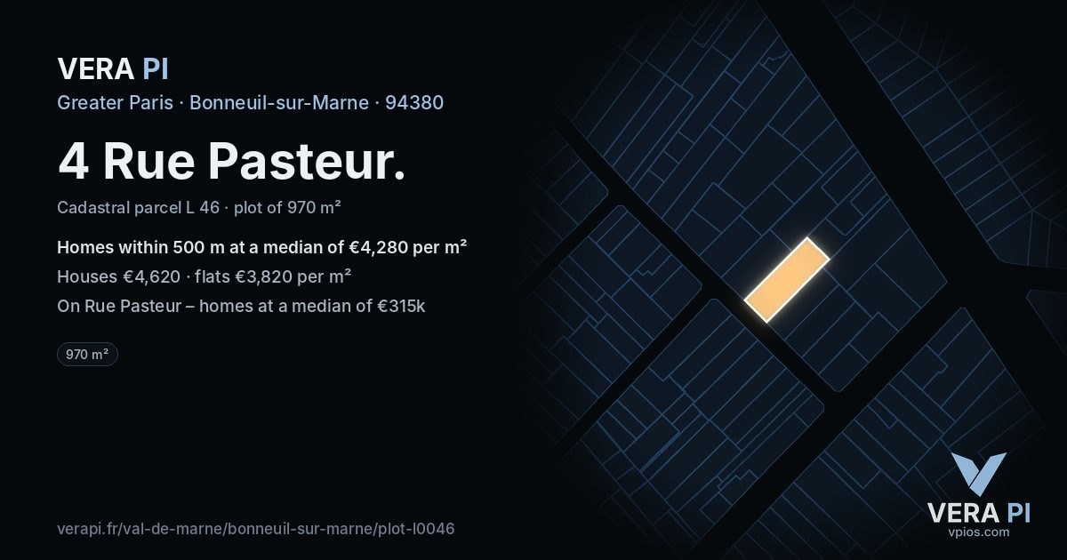 4 Rue Pasteur, Bonneuil-sur-Marne at night – the plot lit, the parcels around coloured by the prices near them