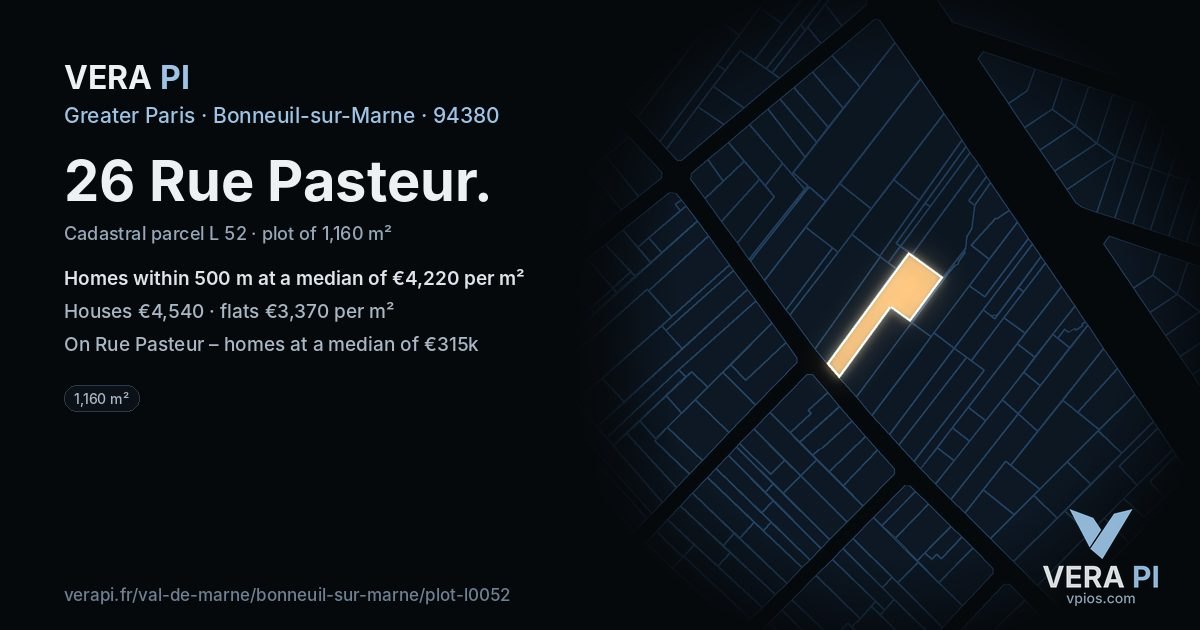 26 Rue Pasteur, Bonneuil-sur-Marne at night – the plot lit, the parcels around coloured by the prices near them