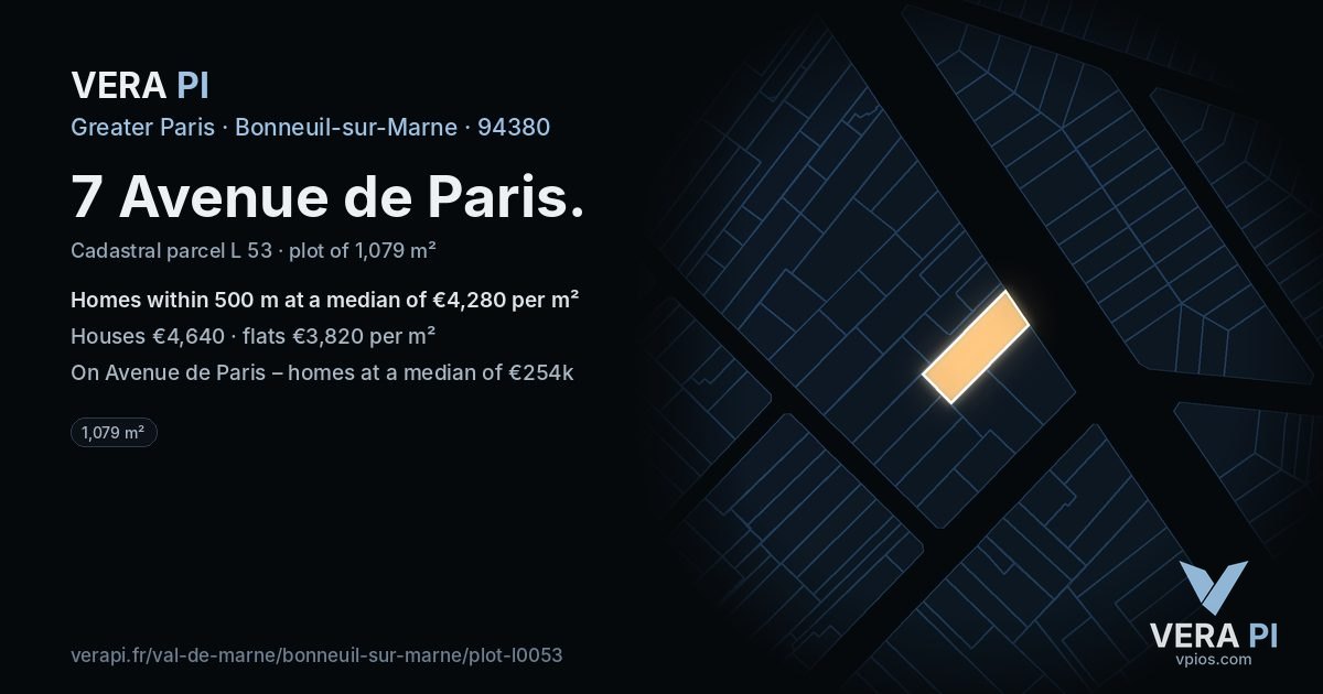 7 Avenue de Paris, Bonneuil-sur-Marne at night – the plot lit, the parcels around coloured by the prices near them
