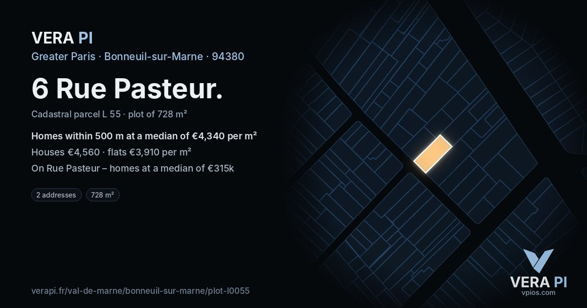 6 Rue Pasteur, Bonneuil-sur-Marne at night – the plot lit, the parcels around coloured by the prices near them