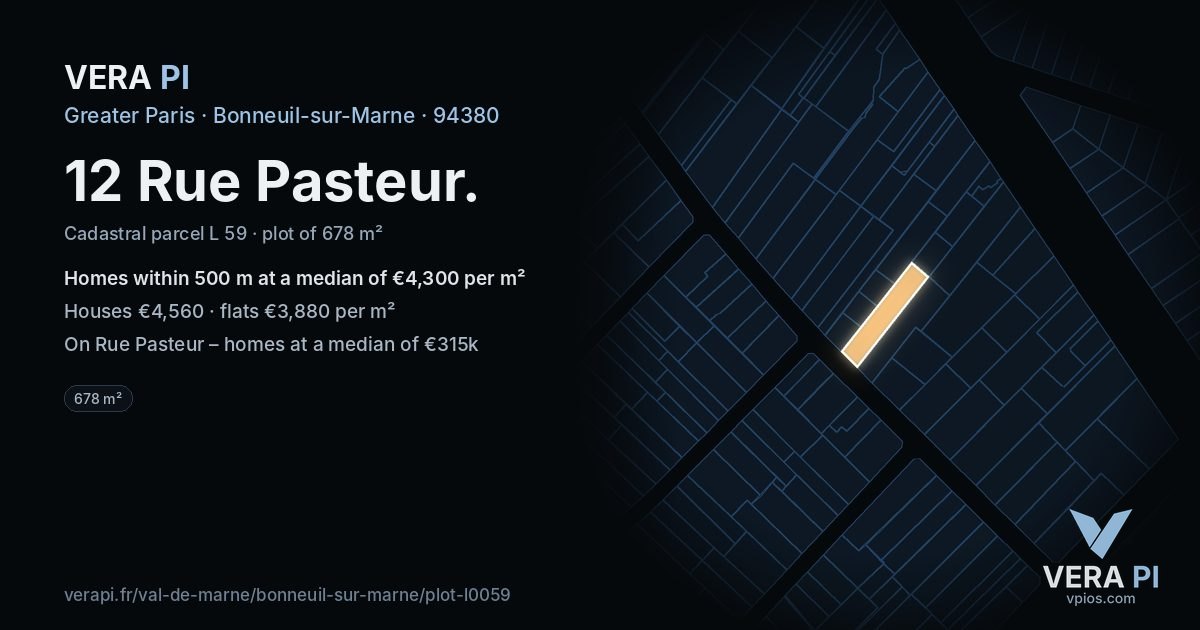 12 Rue Pasteur, Bonneuil-sur-Marne at night – the plot lit, the parcels around coloured by the prices near them