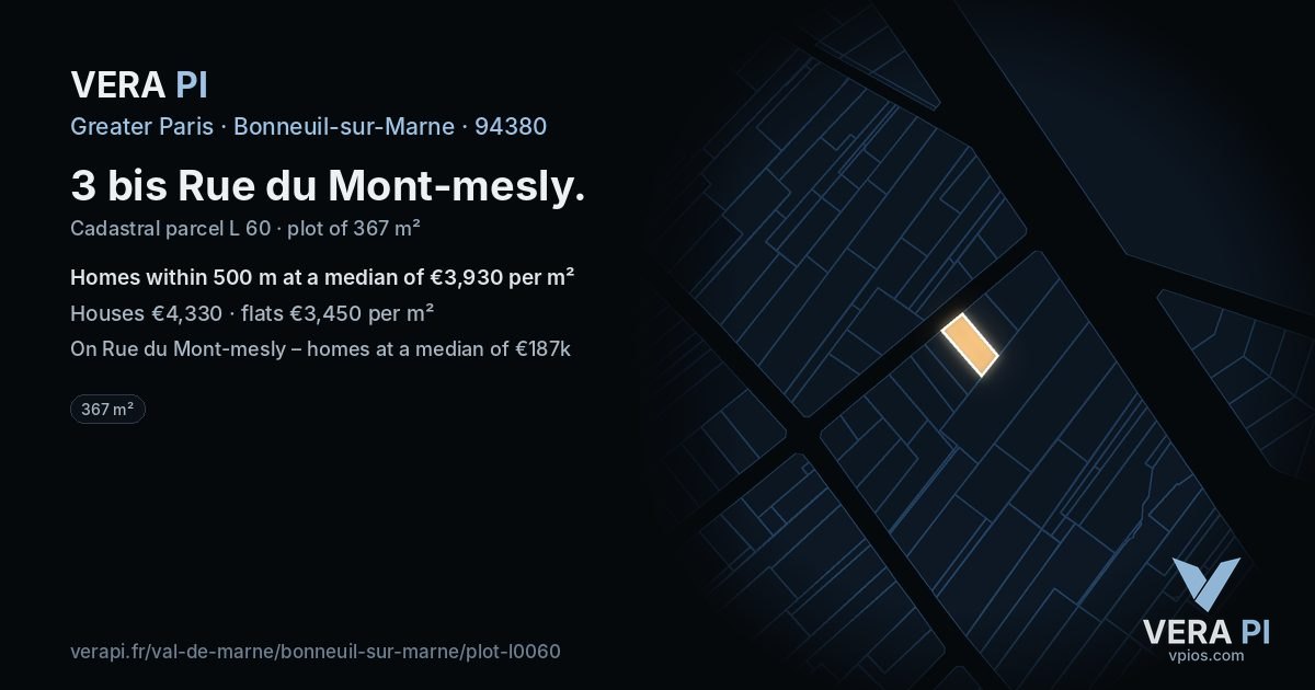 3 bis Rue du Mont-mesly, Bonneuil-sur-Marne at night – the plot lit, the parcels around coloured by the prices near them