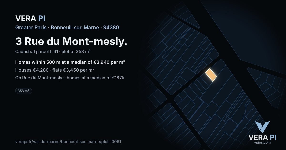3 Rue du Mont-mesly, Bonneuil-sur-Marne at night – the plot lit, the parcels around coloured by the prices near them