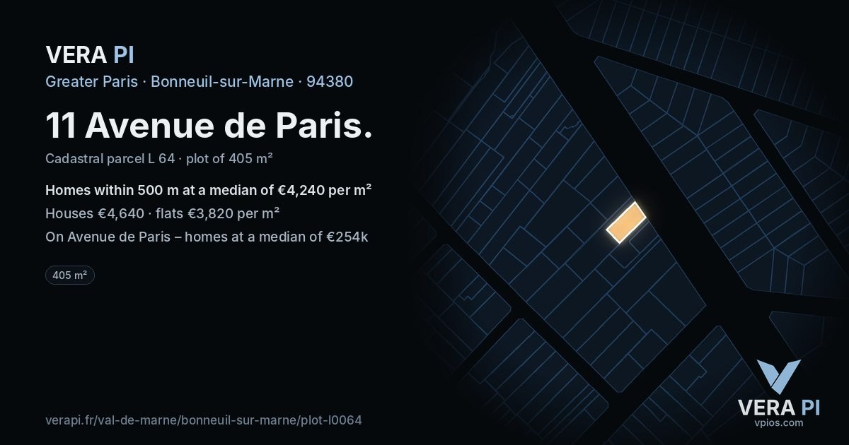 11 Avenue de Paris, Bonneuil-sur-Marne at night – the plot lit, the parcels around coloured by the prices near them