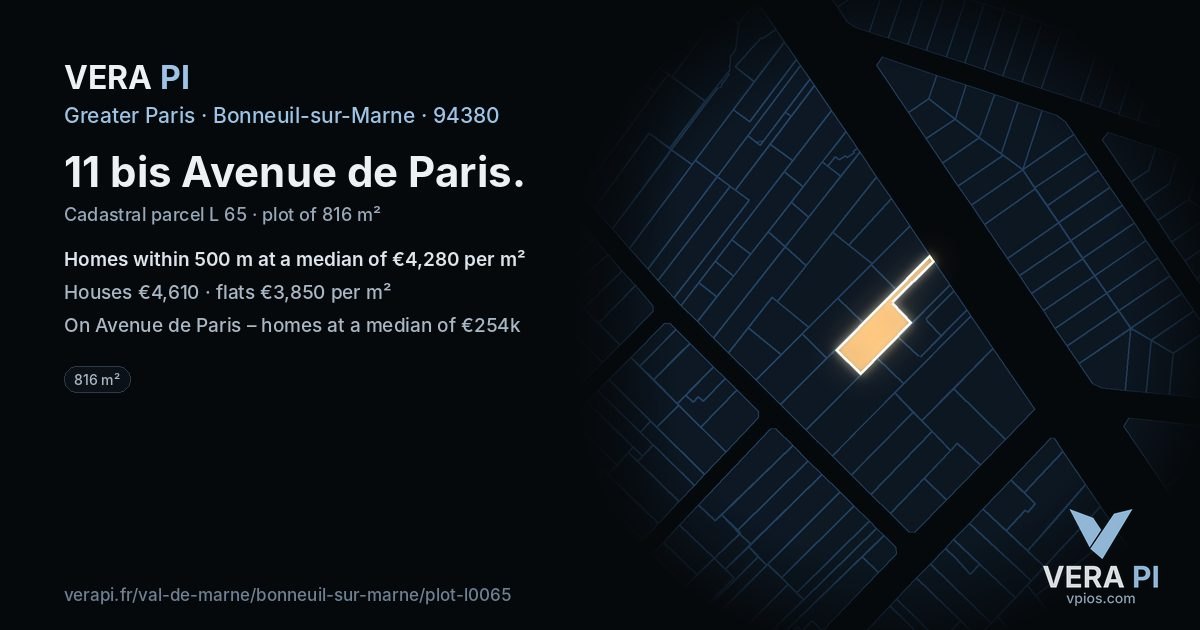 11 bis Avenue de Paris, Bonneuil-sur-Marne at night – the plot lit, the parcels around coloured by the prices near them