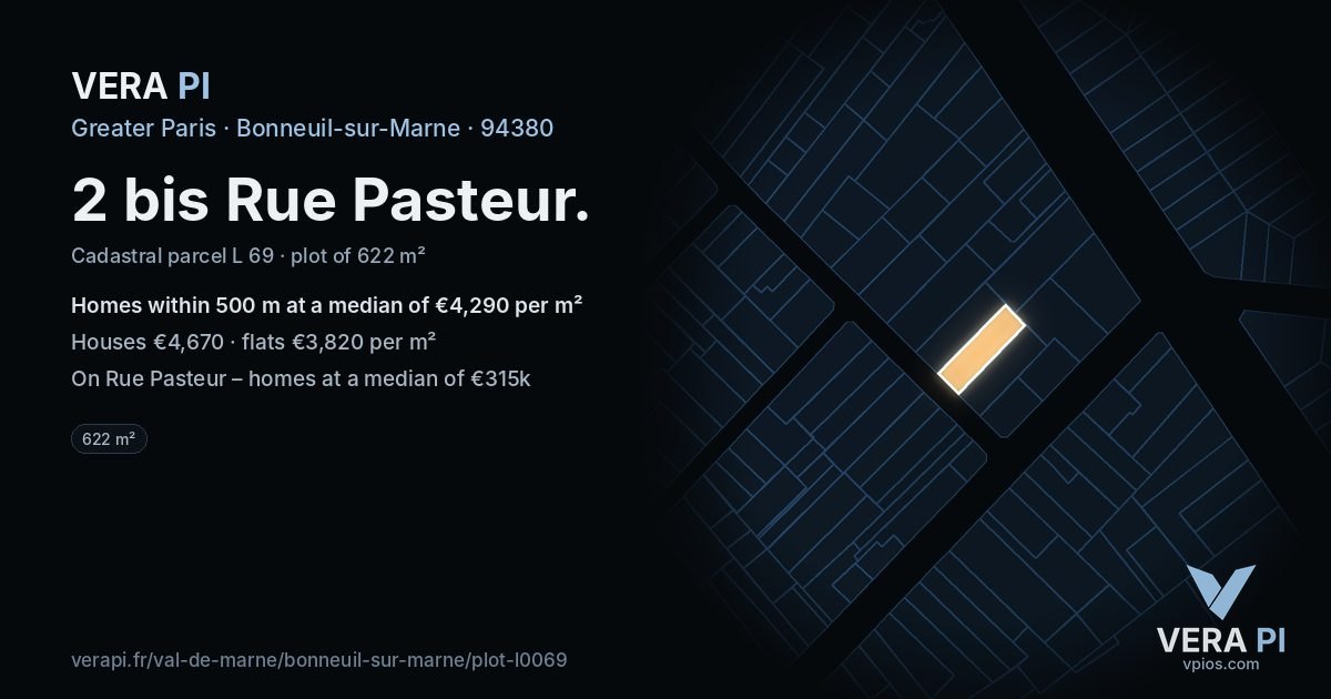 2 bis Rue Pasteur, Bonneuil-sur-Marne at night – the plot lit, the parcels around coloured by the prices near them