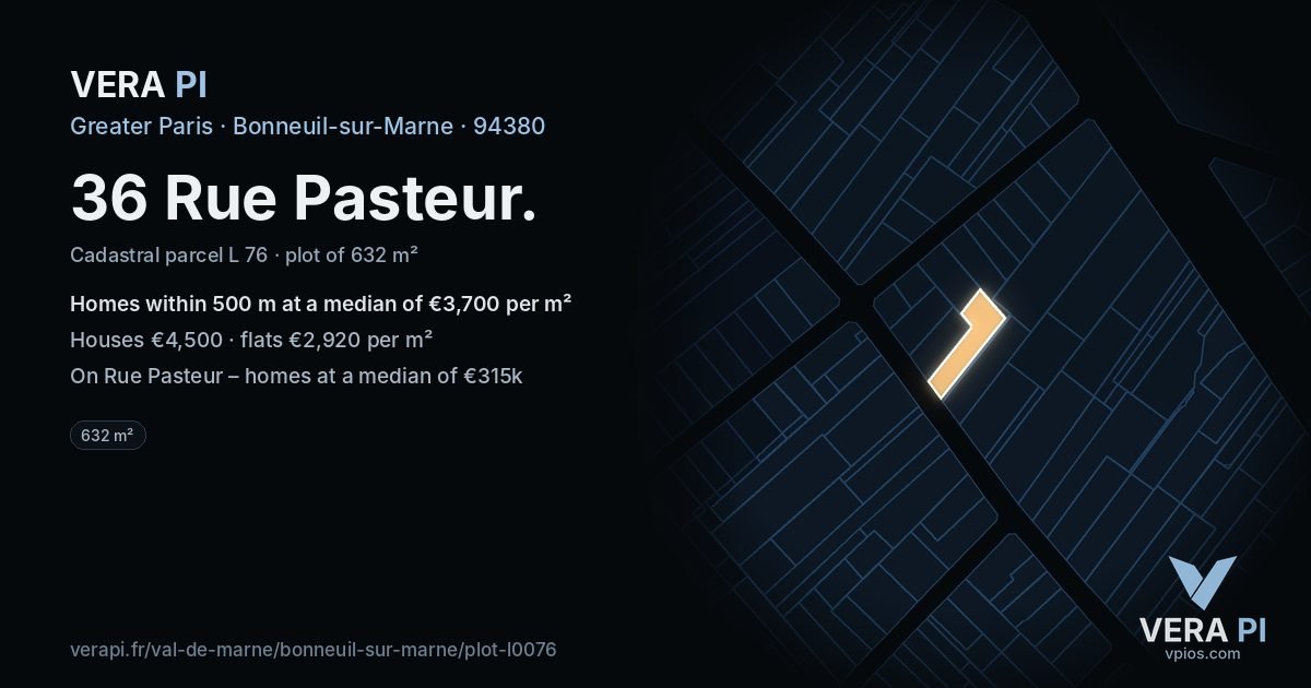 36 Rue Pasteur, Bonneuil-sur-Marne at night – the plot lit, the parcels around coloured by the prices near them