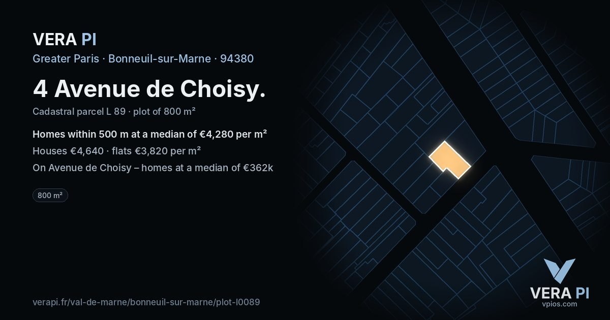 4 Avenue de Choisy, Bonneuil-sur-Marne at night – the plot lit, the parcels around coloured by the prices near them