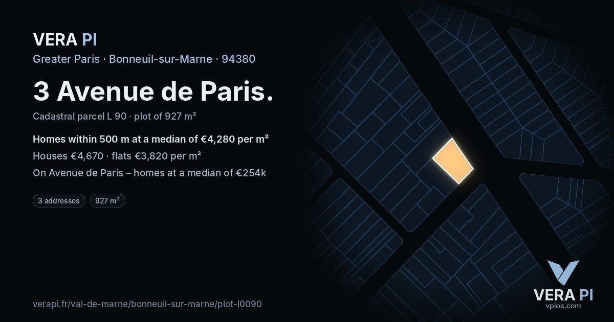 3 Avenue de Paris, Bonneuil-sur-Marne at night – the plot lit, the parcels around coloured by the prices near them