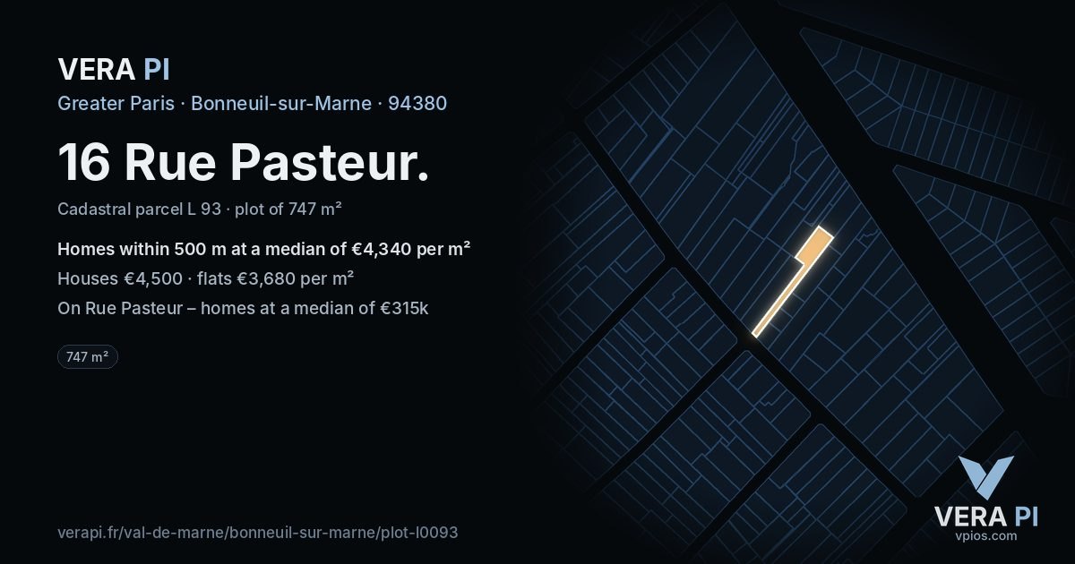 16 Rue Pasteur, Bonneuil-sur-Marne at night – the plot lit, the parcels around coloured by the prices near them