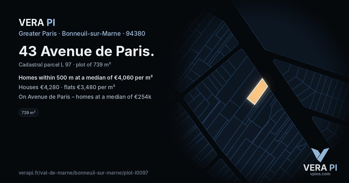 43 Avenue de Paris, Bonneuil-sur-Marne at night – the plot lit, the parcels around coloured by the prices near them