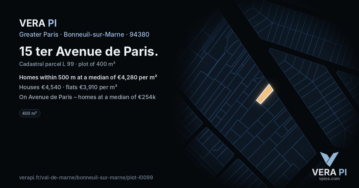 15 ter Avenue de Paris, Bonneuil-sur-Marne at night – the plot lit, the parcels around coloured by the prices near them