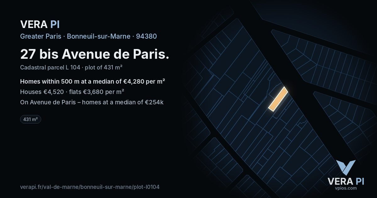 27 bis Avenue de Paris, Bonneuil-sur-Marne at night – the plot lit, the parcels around coloured by the prices near them