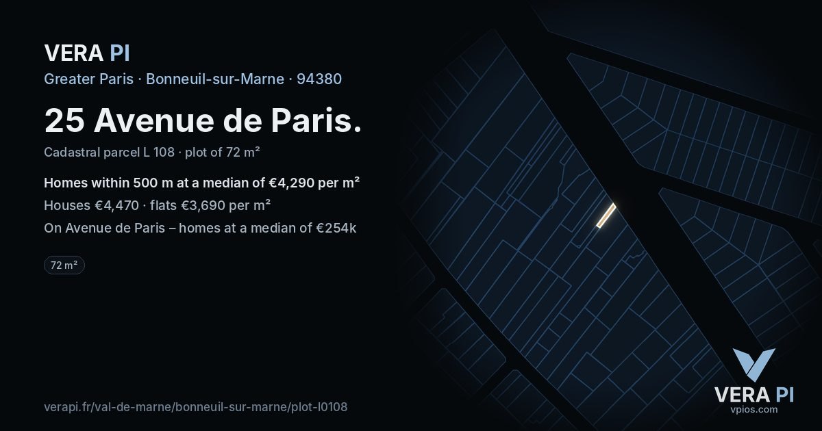 25 Avenue de Paris, Bonneuil-sur-Marne at night – the plot lit, the parcels around coloured by the prices near them