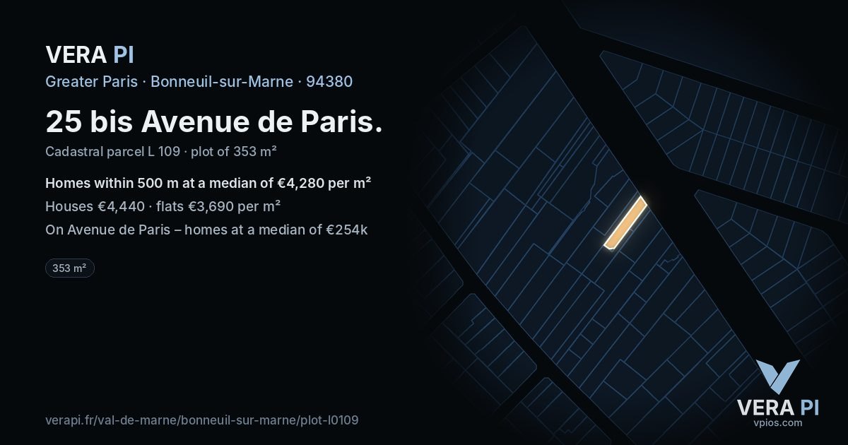 25 bis Avenue de Paris, Bonneuil-sur-Marne at night – the plot lit, the parcels around coloured by the prices near them