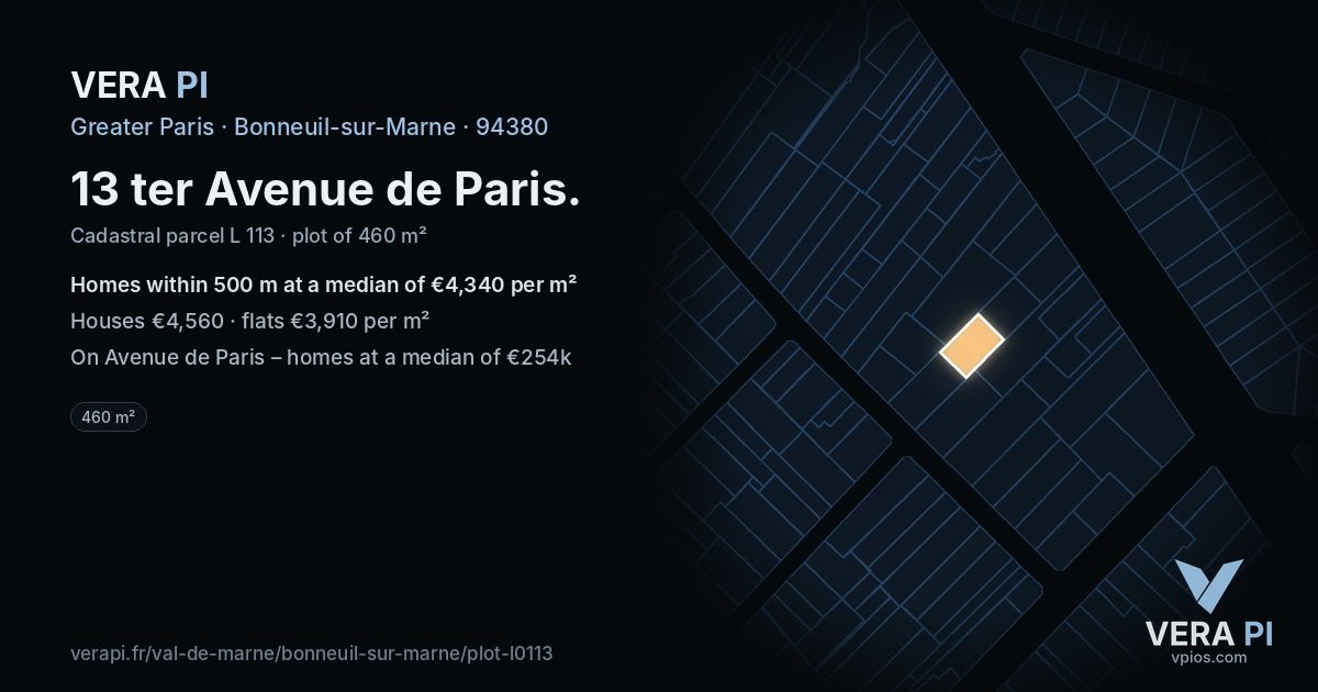 13 ter Avenue de Paris, Bonneuil-sur-Marne at night – the plot lit, the parcels around coloured by the prices near them