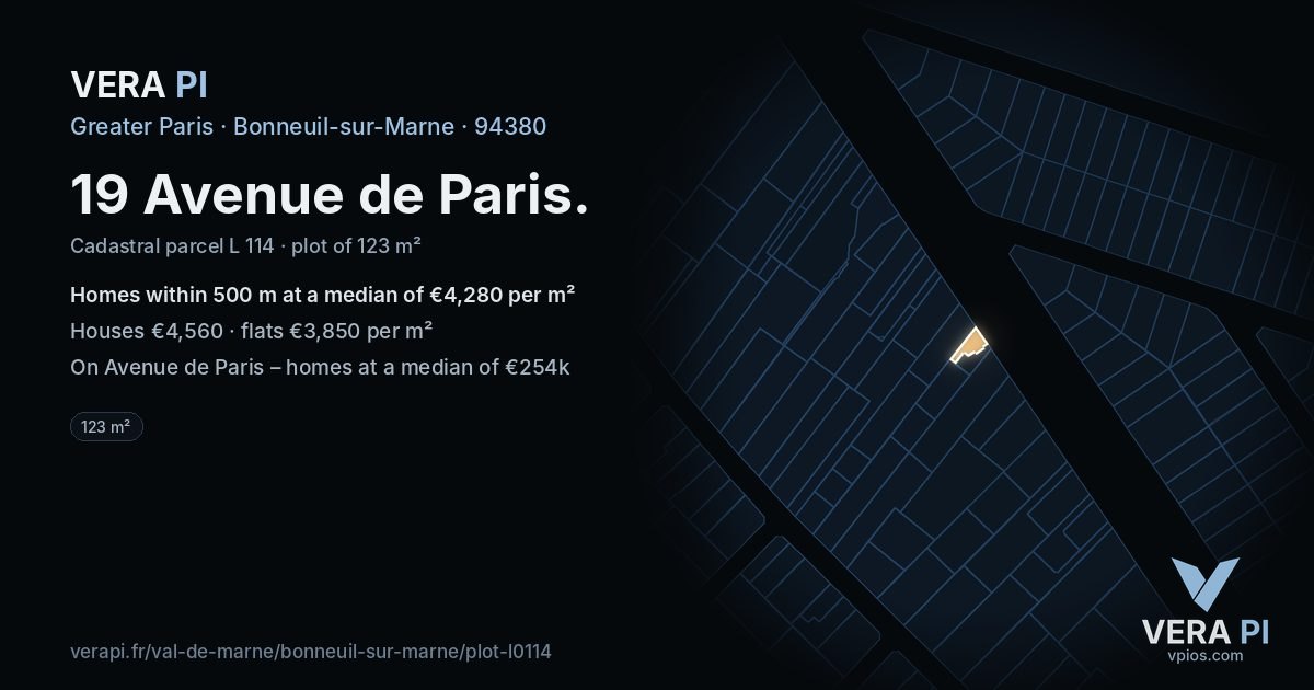 19 Avenue de Paris, Bonneuil-sur-Marne at night – the plot lit, the parcels around coloured by the prices near them