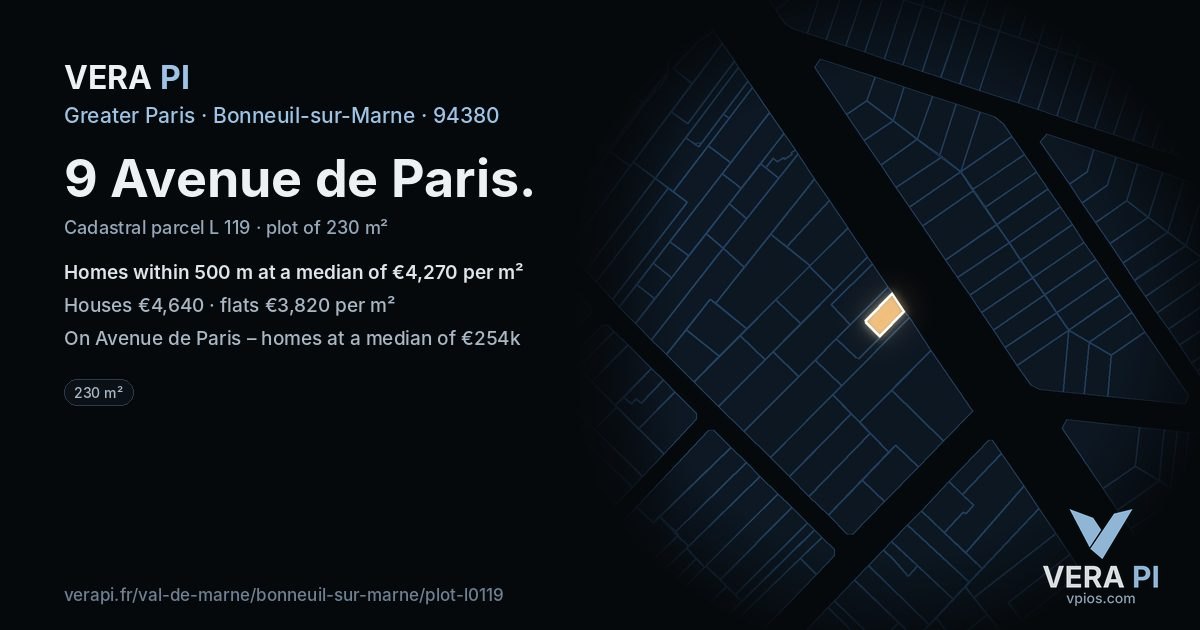 9 Avenue de Paris, Bonneuil-sur-Marne at night – the plot lit, the parcels around coloured by the prices near them