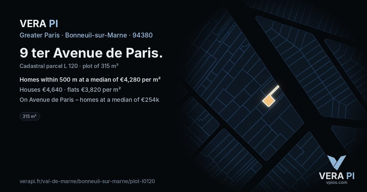 9 ter Avenue de Paris, Bonneuil-sur-Marne at night – the plot lit, the parcels around coloured by the prices near them