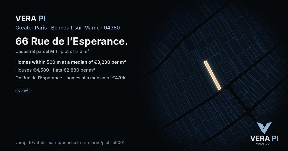 66 Rue de l’Esperance, Bonneuil-sur-Marne at night – the plot lit, the parcels around coloured by the prices near them