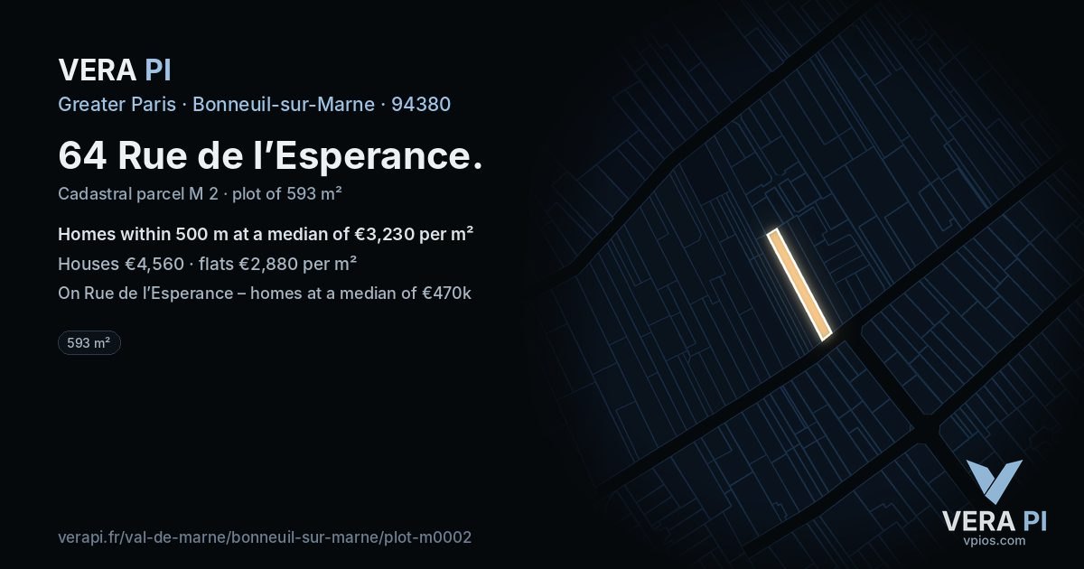 64 Rue de l’Esperance, Bonneuil-sur-Marne at night – the plot lit, the parcels around coloured by the prices near them