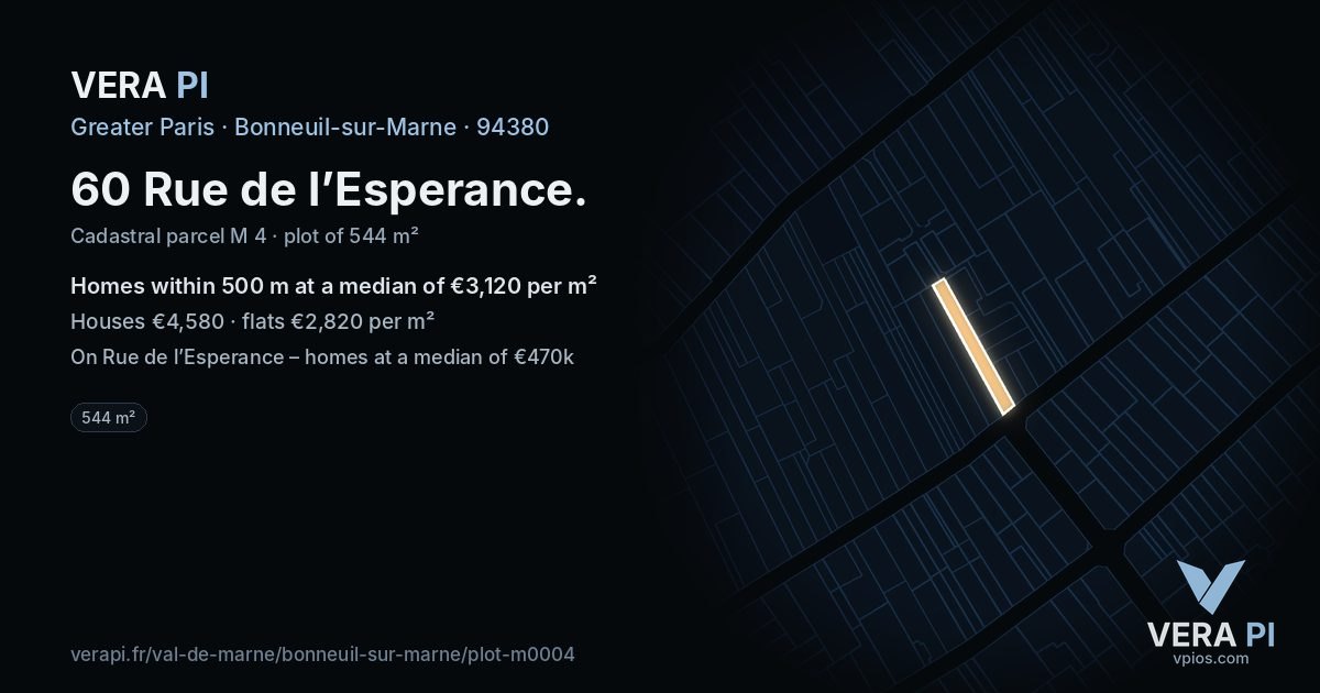 60 Rue de l’Esperance, Bonneuil-sur-Marne at night – the plot lit, the parcels around coloured by the prices near them