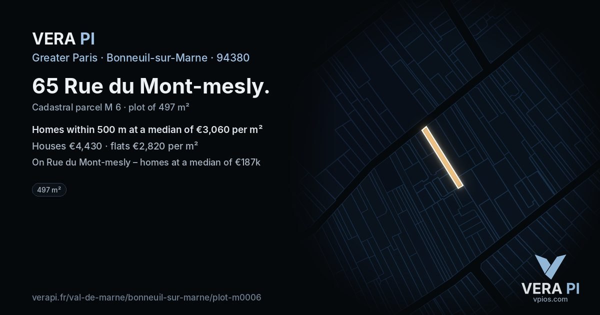65 Rue du Mont-mesly, Bonneuil-sur-Marne at night – the plot lit, the parcels around coloured by the prices near them
