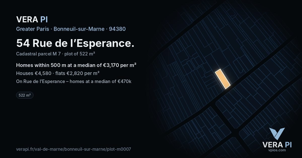 54 Rue de l’Esperance, Bonneuil-sur-Marne at night – the plot lit, the parcels around coloured by the prices near them