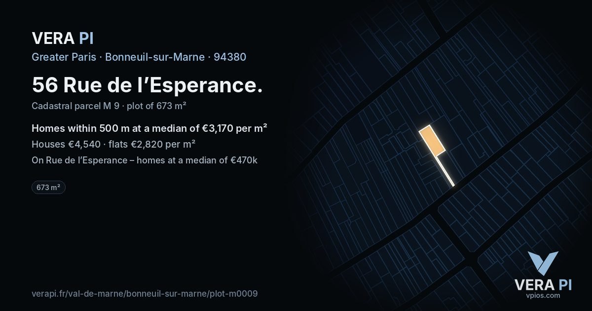 56 Rue de l’Esperance, Bonneuil-sur-Marne at night – the plot lit, the parcels around coloured by the prices near them