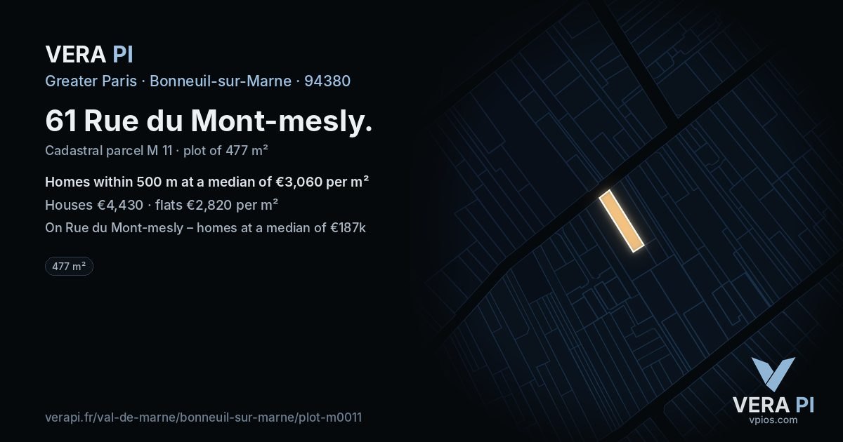 61 Rue du Mont-mesly, Bonneuil-sur-Marne at night – the plot lit, the parcels around coloured by the prices near them