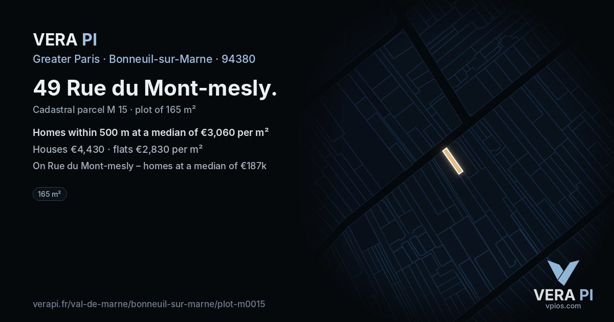 49 Rue du Mont-mesly, Bonneuil-sur-Marne at night – the plot lit, the parcels around coloured by the prices near them