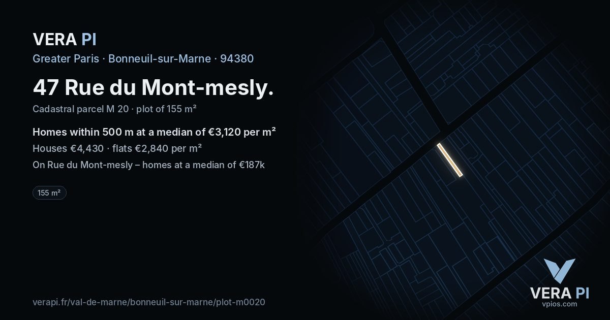 47 Rue du Mont-mesly, Bonneuil-sur-Marne at night – the plot lit, the parcels around coloured by the prices near them
