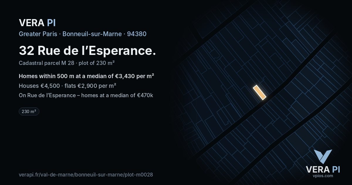 32 Rue de l’Esperance, Bonneuil-sur-Marne at night – the plot lit, the parcels around coloured by the prices near them