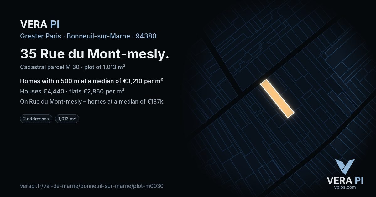 35 Rue du Mont-mesly, Bonneuil-sur-Marne at night – the plot lit, the parcels around coloured by the prices near them