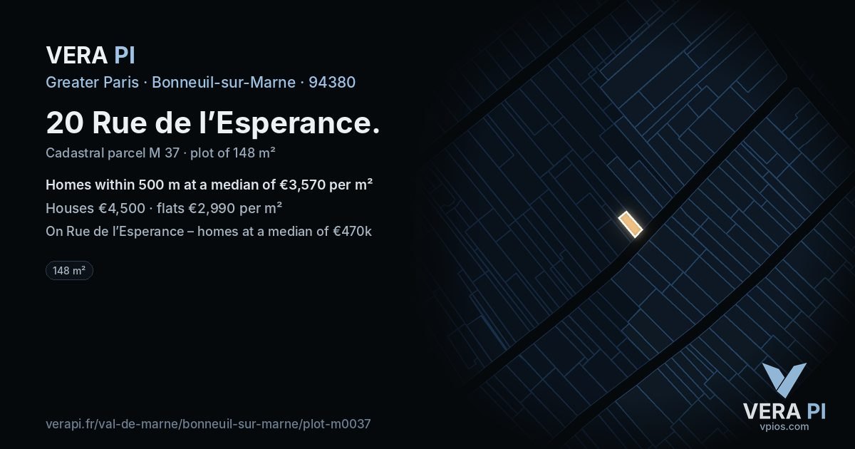 20 Rue de l’Esperance, Bonneuil-sur-Marne at night – the plot lit, the parcels around coloured by the prices near them